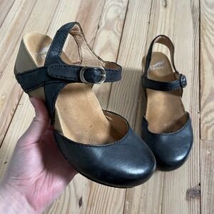 Dansko Tiffani Clog Sandal Women 36 Black Leather Wedge Strap Wood sole MaryJane